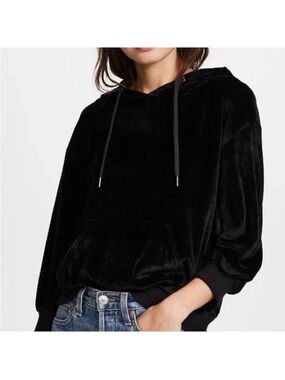 ALICE + OLIVIA Hoodie Sweatshirt M Black Velour Velvet Three-Quarter Sleeve Luxe